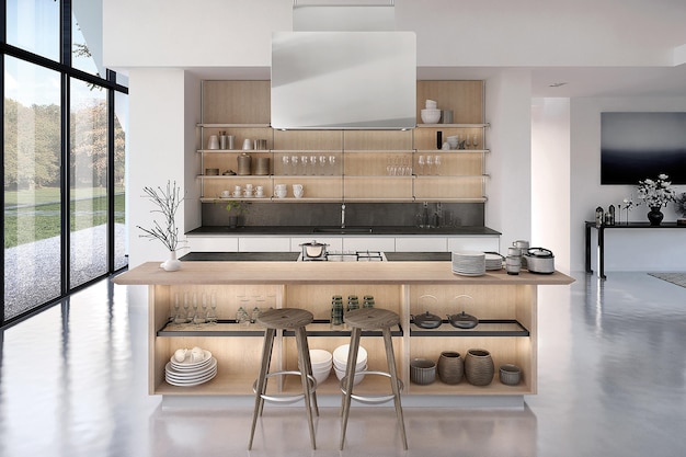 Diseño de interiores de cocina de lujo moderno en estilo minimalista