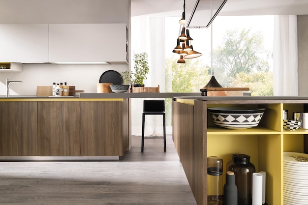 Diseño de interiores de cocina de lujo moderno en estilo minimalista