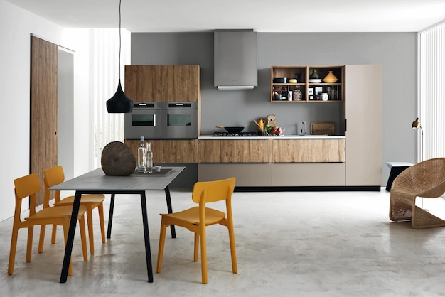 Diseño de interiores de cocina de lujo moderno en estilo minimalista