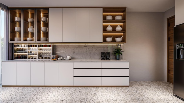 Diseño de interiores de cocina minimalista de renderizado 3d