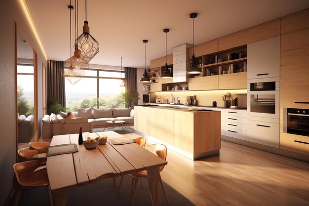 Diseño de interiores de cocina moderna en apartamento o casa con muebles Cocina de lujo escandinava