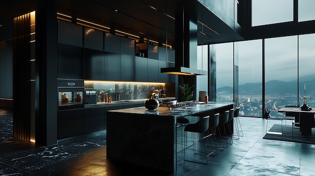 Foto diseño de interiores de cocina moderna minimalista y estética 3d renderizado