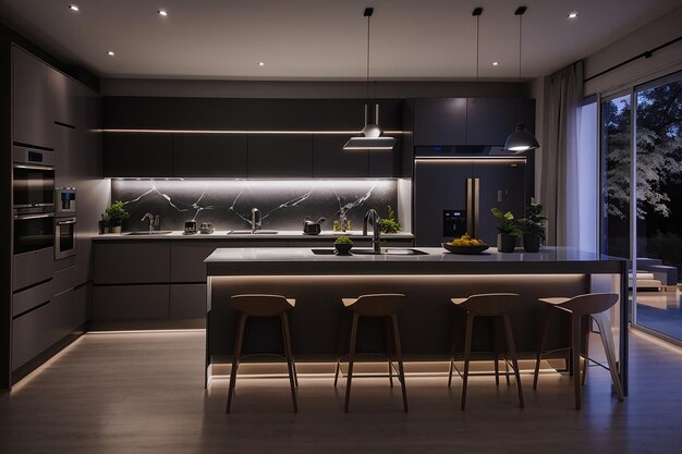 diseño de interiores de cocina moderna modo nocturno