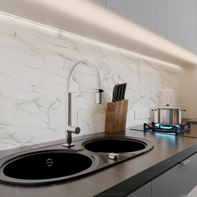 Diseño de interiores de cocina moderna de renderizado 3d