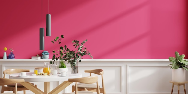 Diseño de interiores de comedor de estilo moderno con fondo de pared viva magenta