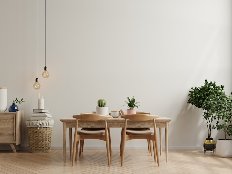 Foto diseño de interiores de comedor moderno con paredes vacías beige