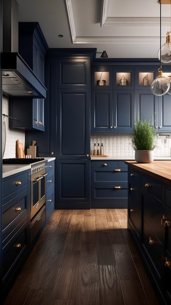 Foto diseño de interiores de decoración de cocina azul oscuro y mejora de la casa inglés clásico en gabinetes de cocina de marco encimera y electrodomésticos en una casa de campo ai generativo