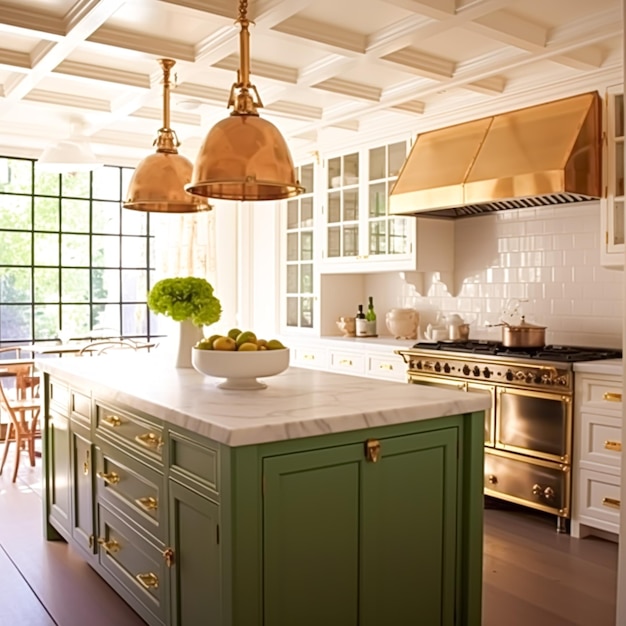 Diseño de interiores de decoración de cocina y mejora de la casa a medida verde salvia Inglés en marco gabinetes de cocina encimera y electrodomésticos en una casa de campo elegante idea de estilo de cabaña