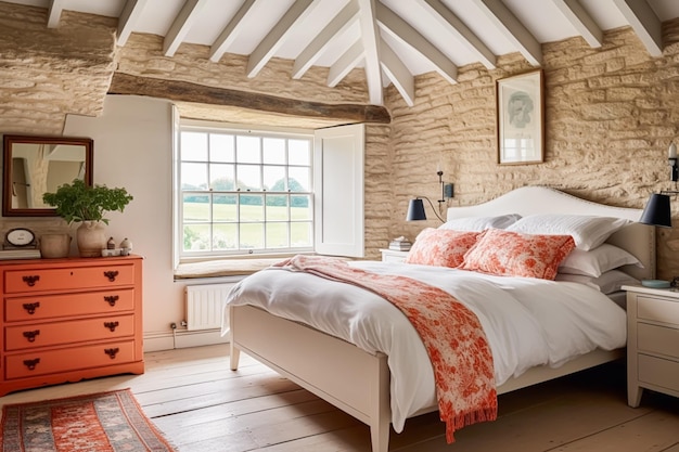 Diseño de interiores de decoración de dormitorio de cabaña y cama de alquiler de vacaciones con ropa de cama elegante y muebles antiguos Idea de estilo de casa de campo inglesa y granja