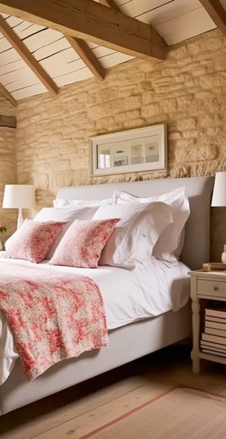 Diseño de interiores de decoración de dormitorio de cabaña y cama de alquiler de vacaciones con ropa de cama elegante y muebles antiguos Idea de estilo de casa de campo inglesa y granja