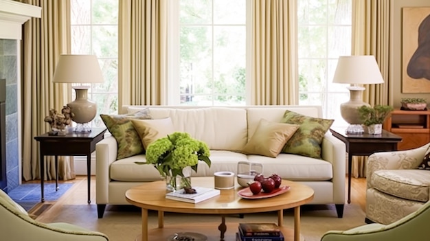 Diseño de interiores, decoración del hogar, sala de estar y salón, sofá blanco y muebles en una casa de campo inglesa y una elegante idea de estilo cabaña