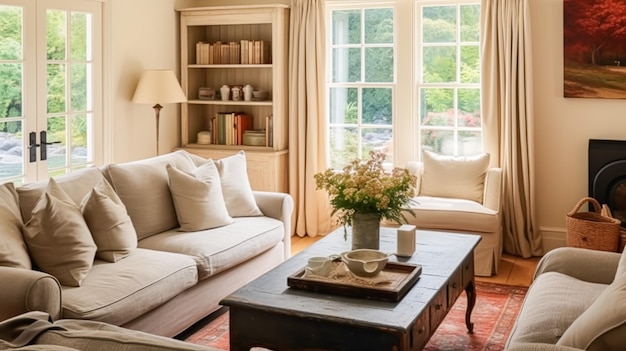 Diseño de interiores, decoración del hogar, sala de estar y salón, sofá blanco y muebles en una casa de campo inglesa y una elegante idea de estilo cabaña