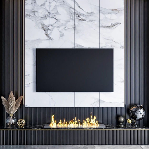 Diseño de interiores de decoración de pared de tv de lujo moderno de renderizado 3d