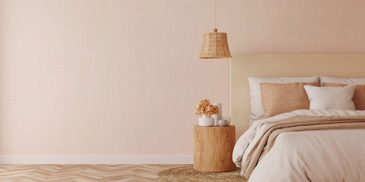 Diseño de interiores de dormitorio blanco con sábanas limpias