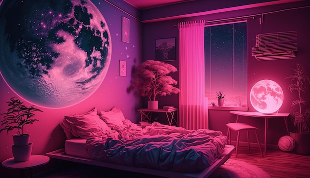 Diseño de interiores de dormitorio de decoración de color rosa moderno Imagen generada por AI