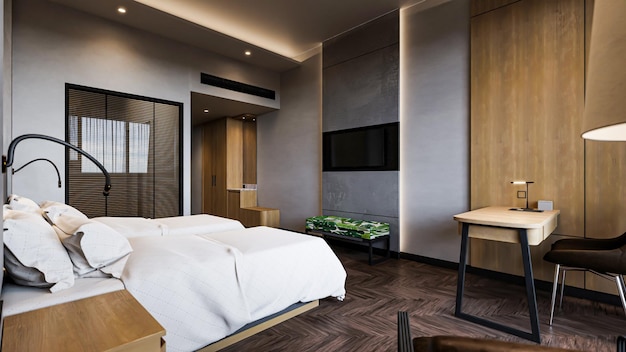 Diseño de interiores de dormitorio de hotel moderno de renderizado 3d
