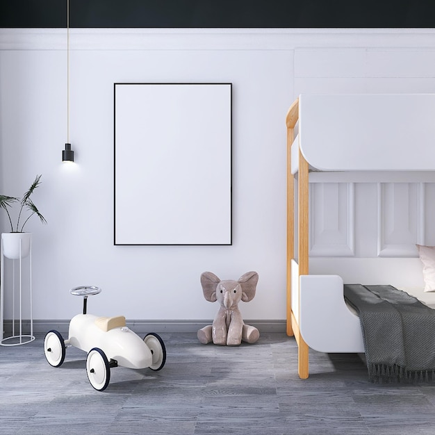 Diseño de interiores de dormitorio infantil mínimo con literas, maqueta de marco de póster en blanco, juguetes, pared blanca