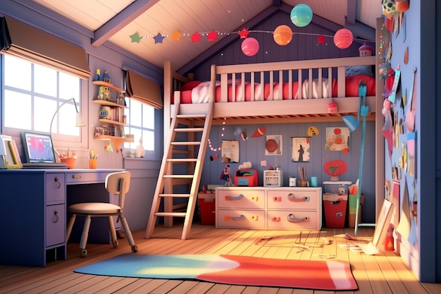 Foto diseño de interiores de dormitorio infantil moderno en casa con decoración para niños dormitorio infantil colorido
