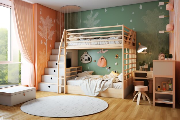 Diseño de interiores de dormitorio infantil moderno en casa con decoración para niños Dormitorio infantil colorido