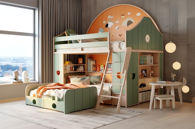 Diseño de interiores de dormitorio infantil moderno en casa con decoración para niños Dormitorio infantil colorido