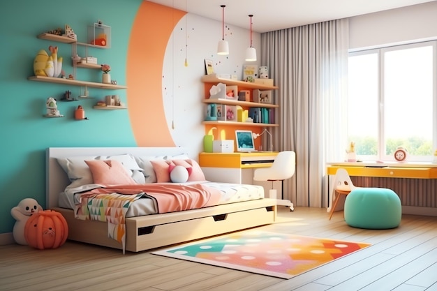 Diseño de interiores de dormitorio infantil moderno en casa con decoración para niños Dormitorio infantil colorido