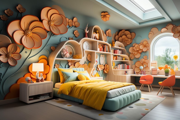 Diseño de interiores de dormitorio infantil moderno en casa con decoración para niños Dormitorio infantil colorido