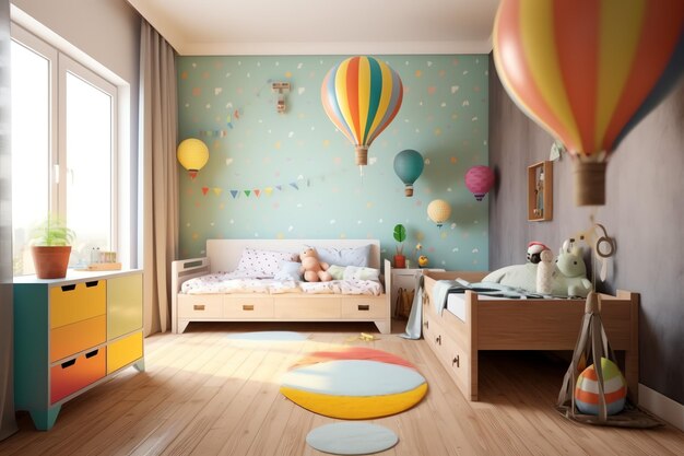 Diseño de interiores de dormitorio infantil moderno en casa con decoración para niños Dormitorio infantil colorido