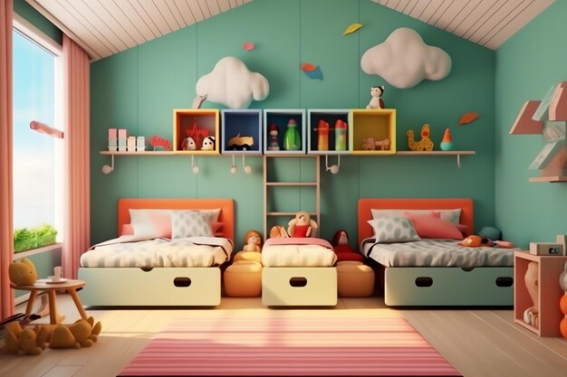 Foto diseño de interiores de dormitorio infantil moderno en casa con decoración para niños dormitorio infantil colorido