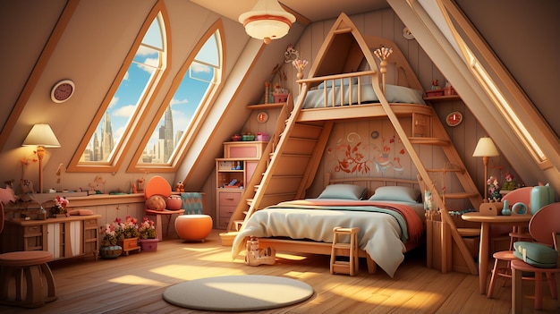 Diseño de interiores de dormitorio infantil realista con fotografía de alta calidadAlto