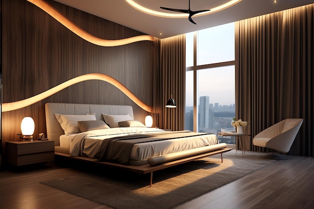 Diseño de interiores de dormitorio moderno en apartamento o casa con muebles Dormitorio de lujo escandinavo