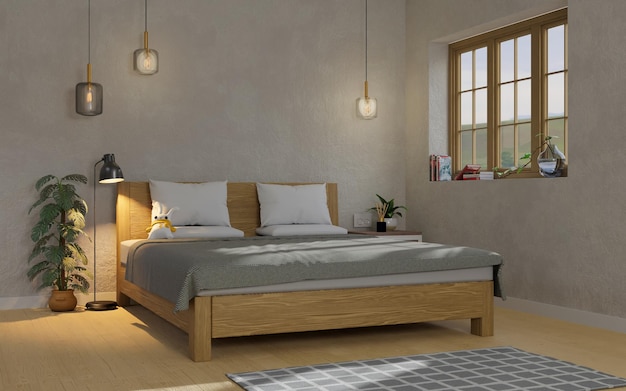 Diseño de interiores de dormitorio moderno, mínimo y cómodo con una cómoda cama de madera, representación 3d