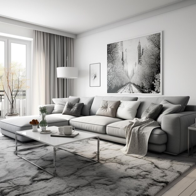 Foto diseño de interiores elegantes en un hogar acogedor con diseño de arquitectura contemporánea y sofá de peluche