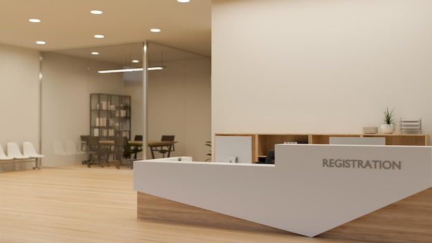 Diseño de interiores de entrada de empresa contemporánea moderna con sala de reuniones de mostrador de registro