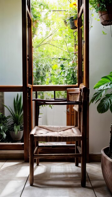 diseño de interiores de estilo boho una silla cerca de la ventana con plantas