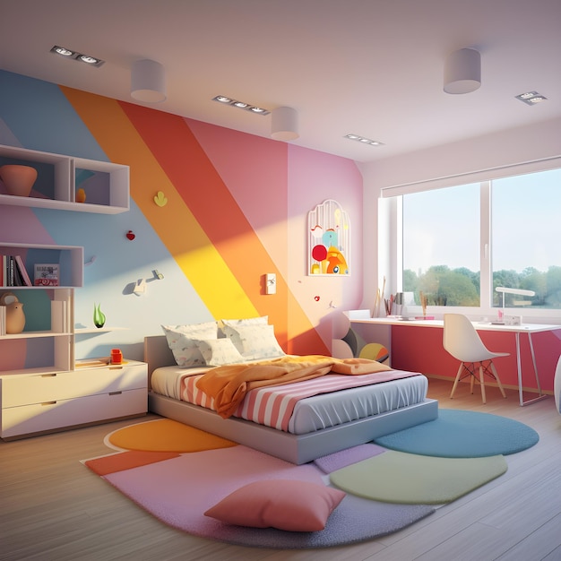 Diseño de interiores de estilo moderno para dormitorio infantil.