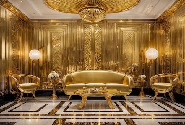 Diseño de interiores de estilo retro con decoración Art Deco dorada