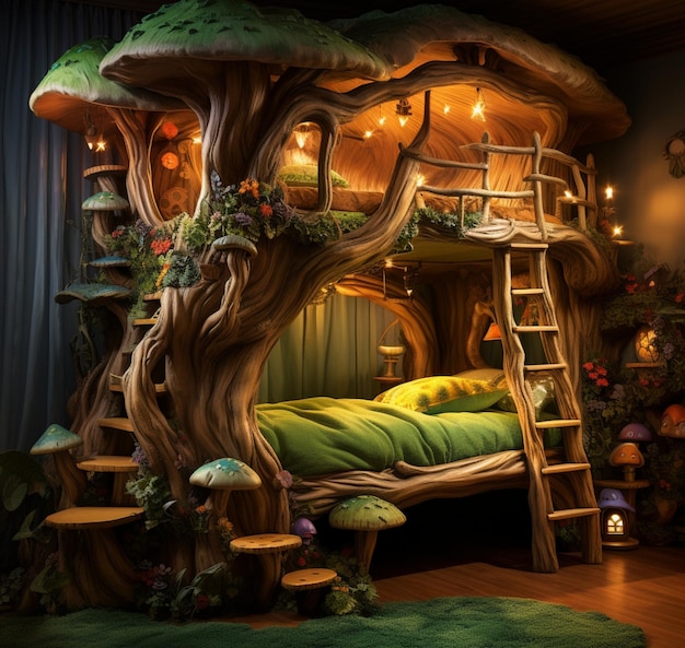 Diseño de interiores de fantasía para el dormitorio de los niños en la casa del árbol