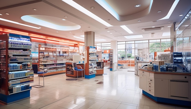 Diseño de interiores de farmacia moderna Sesión de fotos de farmacia Concepto futurista