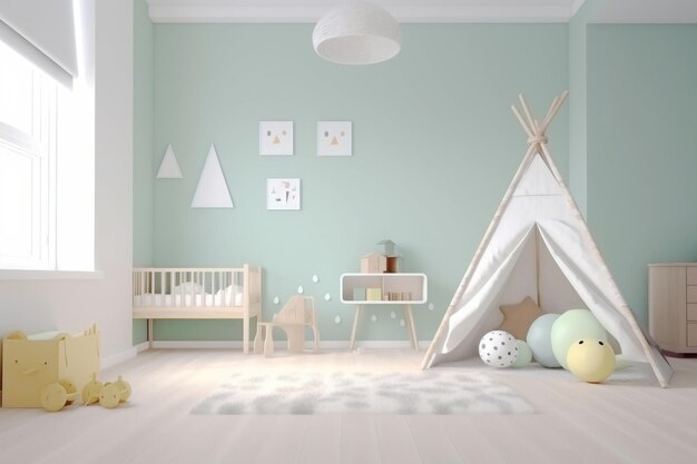 Diseño de interiores para una habitación infantil tonos cálidos de azul claro AI generativo moderno acogedor elegante