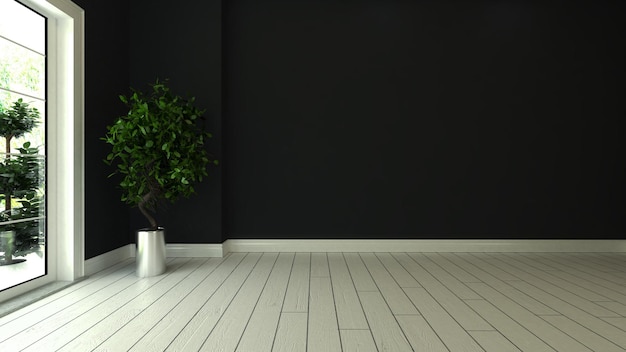 Diseño de interiores de habitación vacía de pared negra con piso de madera blanca y renderizado 3d de planta