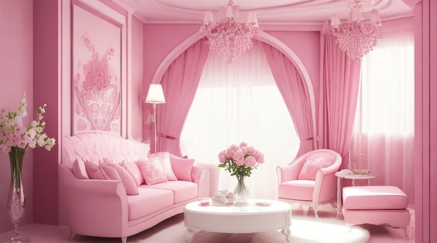 Diseño de interiores de habitaciones en 3D con motivos rosas.