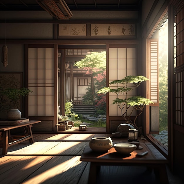 diseño de interiores de habitaciones japonesas tradicionales IA generativa