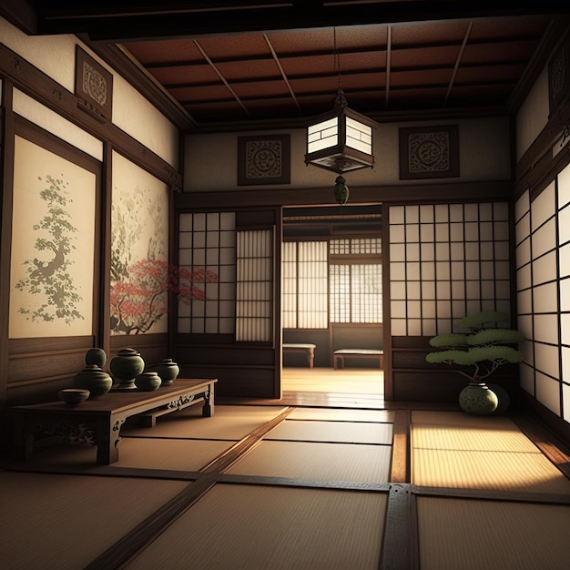 diseño de interiores de habitaciones japonesas tradicionales IA generativa