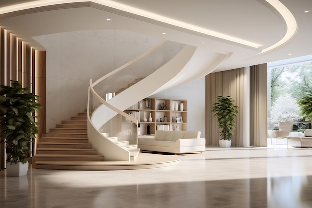 Diseño de interiores de hall de entrada moderno con IA generativa de escalera