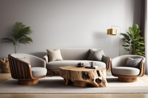 Diseño de interiores de Hollywood Regency de la sala de estar con mesa de tronco de madera y sofá