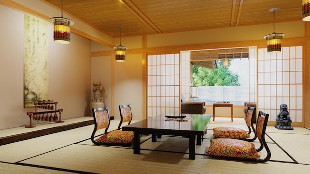 Diseño de interiores japoneses Ilustración 3D de habitaciones japonesas modernas