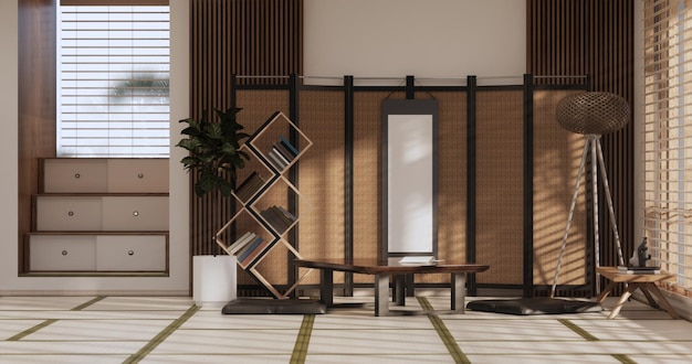 Diseño de interiores, limpieza, habitación minimalista, estilo japonés, representación 3D.
