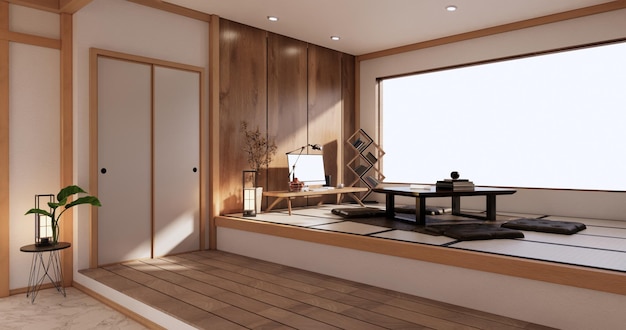 Diseño de interiores, limpieza, habitación minimalista, estilo japonés, representación 3D.