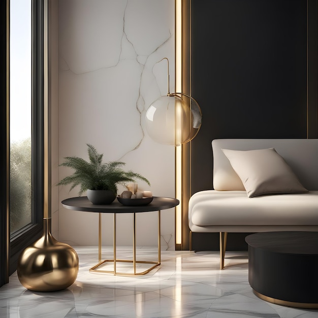 diseño de interiores de lujo muebles modernos mármol grandes ventanas planta brillante