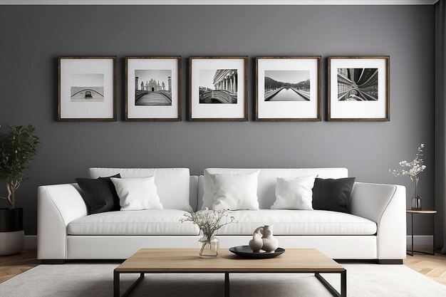 Diseño de interiores con marcos fotográficos y sofá blanco